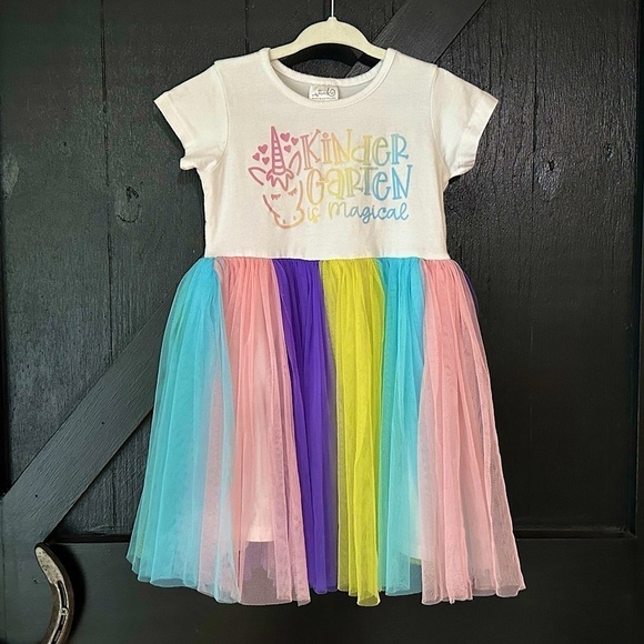 Little Girls Kindergarten is Magical Unicorn Rainbow Tulle Tutu Twirl Dress 4T - Picture 1 of 6
